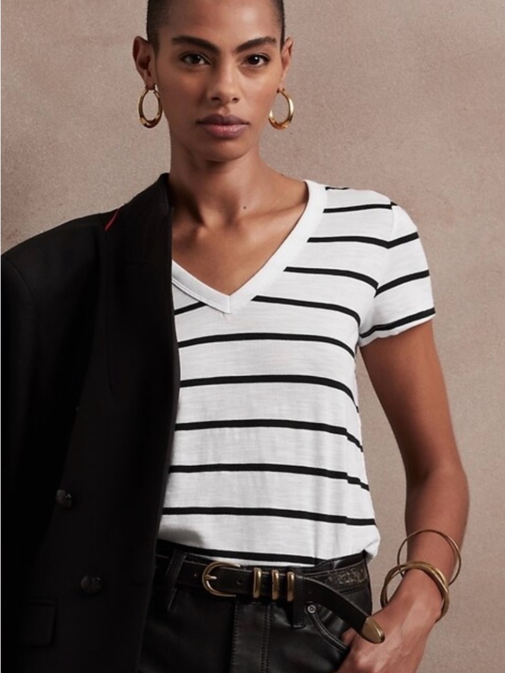 Banana Republic Black & White Striped V-Neck Tee